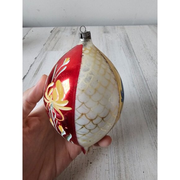 Antique flower striped teardrop glass Mercury ornament Xmas tree yellow blue she - Picture 5 of 10